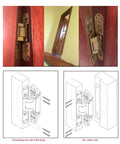 Tough As Nails Self Locking Concealed Wood Door Hinge Built Heavy Duty For Cabinets And Large Storage Boxes With Smooth 180 Degree Swing In Classic Gold Finish Hardware close-up on wood door installation with hinge details.