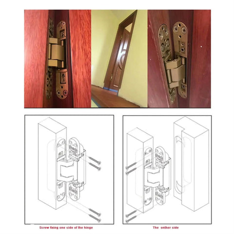 Badass Heavy Duty Hidden Hinge For Wood Doors And Cabinets Self Locking Adjustable Concealed Joint Gold Finish image showing installation on wooden door.