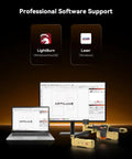 Artilume T1 foldable desktop laser engraver, gold, 200x150mm work area, shown with laptop displaying LightBurn.