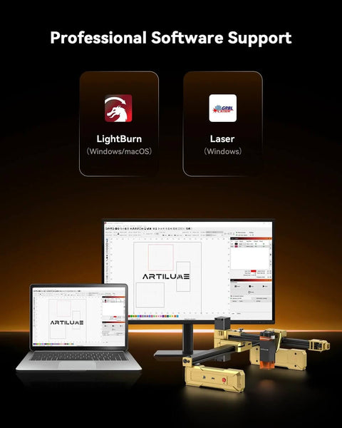 Artilume T1 foldable desktop laser engraver, gold, 200x150mm work area, shown with laptop displaying LightBurn.