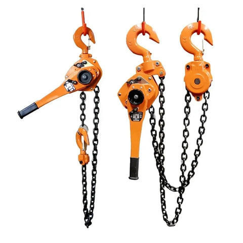 Solid Hand Operated Chain Hoist With 1.6 Ton Lifting Power And 15 Meter Lift Height showcasing orange steel hoists with chains.