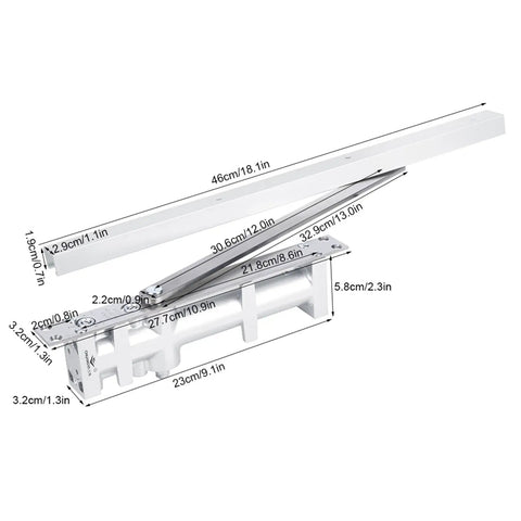 Concealed Aluminum Automatic Door Closer With Positioning, 80kg Capacity, Sliding Track Hardware shown with dimensions.
