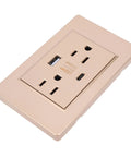 Beefed Up Wall Socket With Quick Charge USB And Type C Port Reinforced Steel Plate 15A Receptacle Fire Resistant Shell side view in gold color