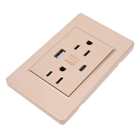 Top Tier 15 Amp Wall Outlet With Rock Solid Metal Faceplate And Smooth Dual USB C Plus USB A Charging Ports For Quick Plug In Home Or Office Setup Us Standard Plug in gold finish with two USB ports.