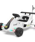 12V Kids Electric Drift Go Kart For Ages 4 And Up With Music And LED Lights Swivel Rear Wheels Adjustable Seat Belt Outdoor Ride On Toy For Boys And Girls White Finish Safe Speed Around 4.9 MPH front view