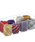 Two Compartment Clear Storage Box For Bedroom Organization BPA Free Plastic Clothes Organizer In Transparent Green Measures Six By Twelve By Four Inches Two Pack with ties inside.