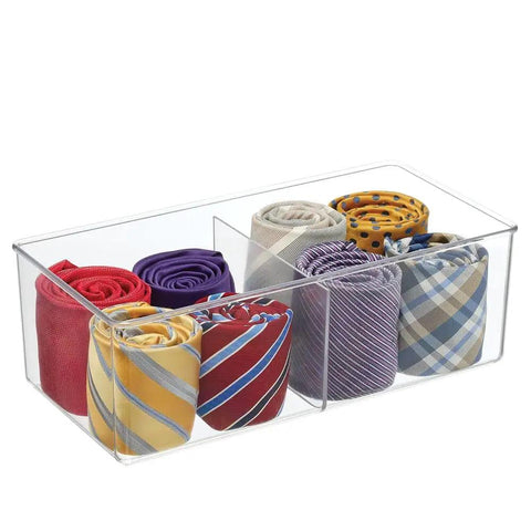 Two Compartment Clear Storage Box For Bedroom Organization BPA Free Plastic Clothes Organizer In Transparent Green Measures Six By Twelve By Four Inches Two Pack with ties inside.