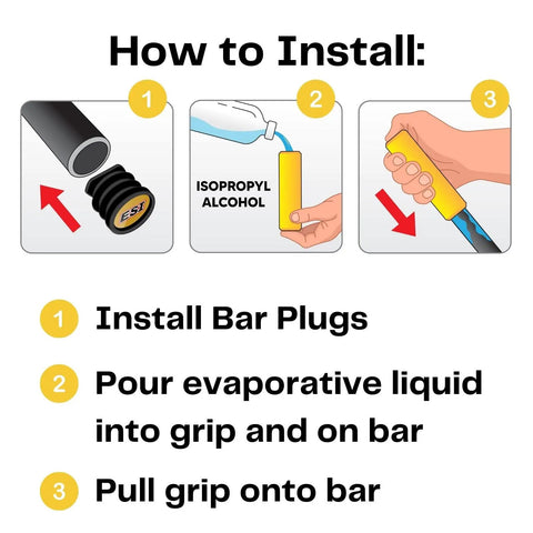 Installation guide for Extra Chunky Silicone MTB Grips with bar plugs and isopropyl alcohol, shows slip-on method.