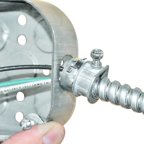 Reduced-Wall Aluminum Flexible Conduit 3/4 In X 50 Ft Type FMC RWA installation with connector in junction box