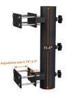Heavy Duty Parasol Holder Clamp On Umbrella Mount For Deck Rails And Benches With Upgraded Triple Knob For Stable 1.3 To 2.0 Inch Poles, Versatile Patio Clip Stand For Balcony Beach Boat Tailgate And Courtyard, shown in black steel with measurement indicators
