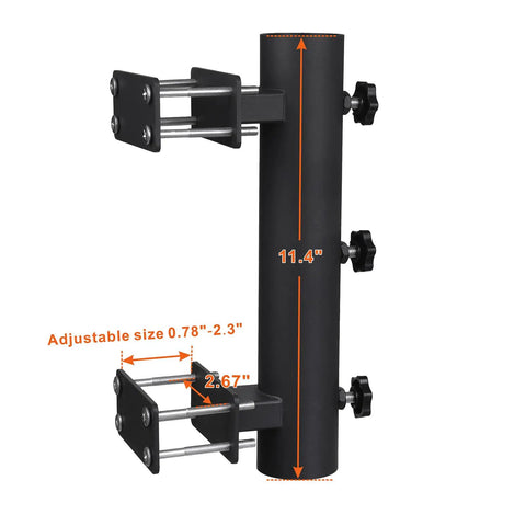 Heavy Duty Parasol Holder Clamp On Umbrella Mount For Deck Rails And Benches With Upgraded Triple Knob For Stable 1.3 To 2.0 Inch Poles, Versatile Patio Clip Stand For Balcony Beach Boat Tailgate And Courtyard, shown in black steel with measurement indicators