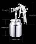Heavy Duty Adjustable Pneumatic Paint Sprayer Built Like A Beast with ergonomic handhold and metal frame, showing dimensions.