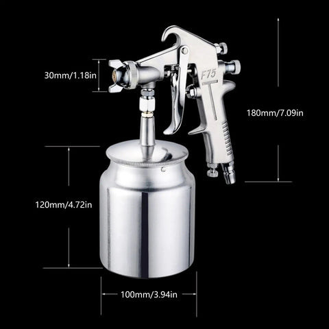 Heavy Duty Adjustable Pneumatic Paint Sprayer Built Like A Beast with ergonomic handhold and metal frame, showing dimensions.