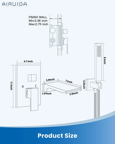 Technical drawing of Wall Mount Tub Faucet With Waterfall Spout And Handheld Shower, dimensions for chrome polish finish.