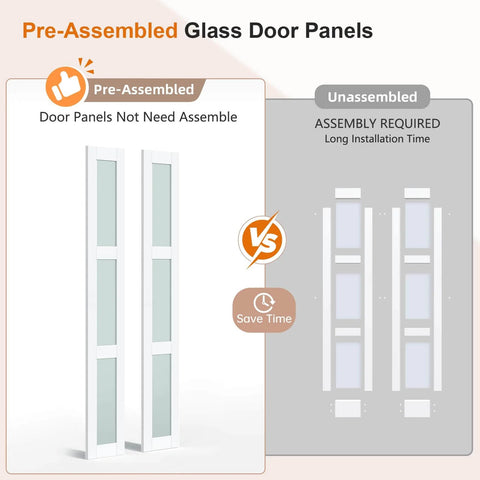 Bi Fold Doors For 30 By 80 Opening With Tempered Frosted Glass Closet Barn Door Concealed Hardware Kit MDF Wood Panel And Water Resistant PVC Surface No Fuss Easy Install Space Saving Interior Door pre-assembled panels versus unassembled panels