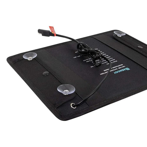 10W Solar Trickle Charger Portable Battery Maintainer with SAE Quick Connection and mounting suction cups visible
