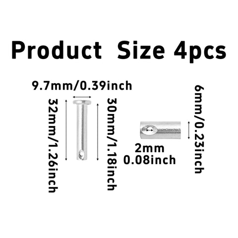 Four Pack M6 X 30mm Single Hole Clevis Pins 304 Stainless Steel Flat Head Cylindrical Pins With Head Positioning For Mechanical Linkage Beefy Heavy Duty Fixings And Ship Rigging, size guide