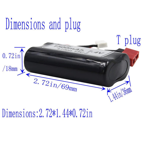 Two Pack 7.4V 1500mAh 15C Li-ion RC Battery With T Plug Connector, dimensions 2.72x1.44x0.72 inches, for RC Truck