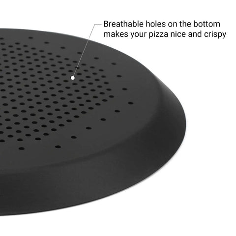 Close-up of black 16 Inch Perforated Pizza Pan With Holes For Oven, Heavy Duty Aluminum Round Crisper Baking Tray in kitchen