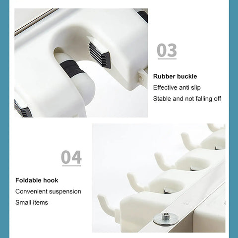 Close-up of stainless steel mop and broom organizer with rubber buckle and foldable hook for garage and janitorial cart.