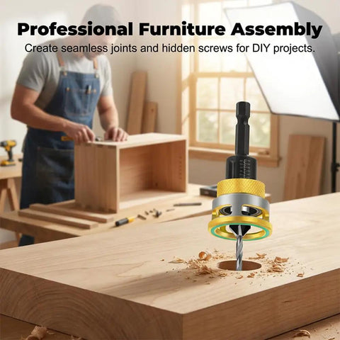 Pro Grade Four Blade Countersink Drill Bit Set With Depth Stop And Aluminum Stop Collar for woodworking, shown in use on wood