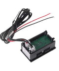 2-in-1 car thermometer and voltmeter module in black housing with red/black wires and green PCB (front view)