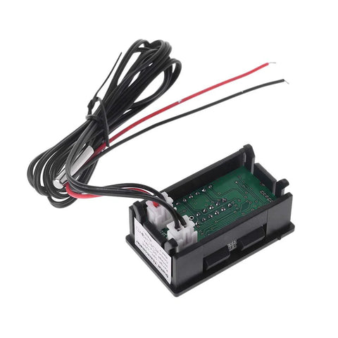 2-in-1 car thermometer and voltmeter module in black housing with red/black wires and green PCB (front view)