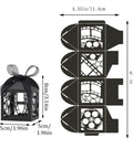 50 Pieces Hollow Out Film Wedding Favor Boxes With Ribbon shown with dimensions and intricate cut-out details.