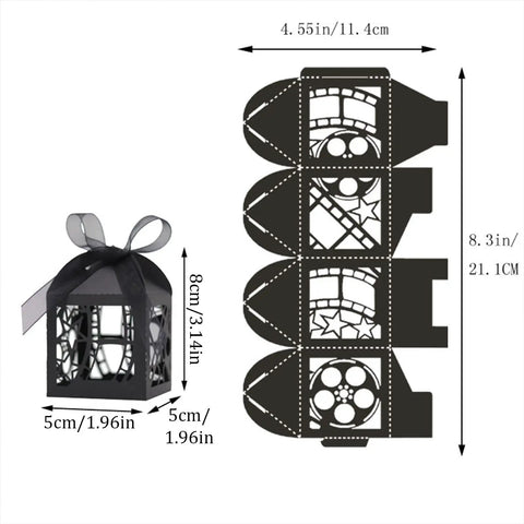 50 Pieces Hollow Out Film Wedding Favor Boxes With Ribbon shown with dimensions and intricate cut-out details.