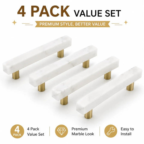 Straight Up Premium White Marble Cabinet Pulls With Slick Gold Aluminum Drawer Handles 3.78 Inch 96Mm Center To Center 4Pack For Kitchen Cupboards Bathroom Vanity No Sweat Install Set Included - close-up view on marble and gold handles.