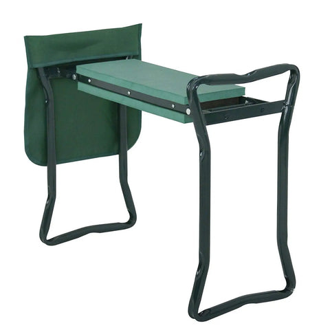 Front view of Grab And Go Folding Garden Kneeler Bench with Foam Cushioned Kneeling Pad, lightweight pipe frame, removable pad.