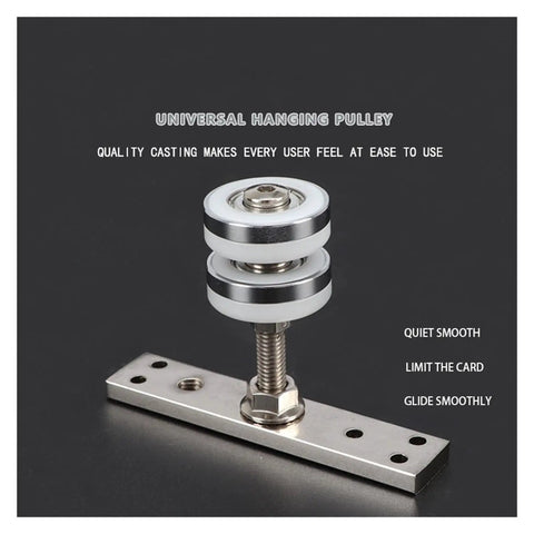 Close-up of Heavy Duty Barn Door Hardware Kit With Smooth Sliding Wheels And Solid Steel Guide Rail For Easy Install, showcasing a universal hanging pulley.