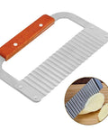 Crinkle cutter with wooden handle and ribbed stainless steel blade for crinkled vegetable slices.