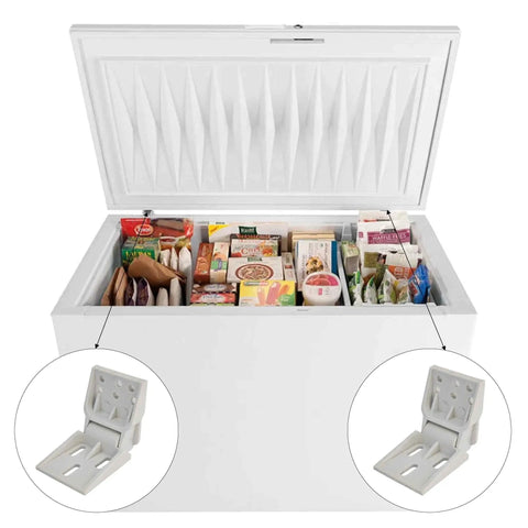 2 Pack Universal Freezer Hinges With 6 Holes, 95 to 110 Degrees Folding Design, shown installed on a small chest freezer