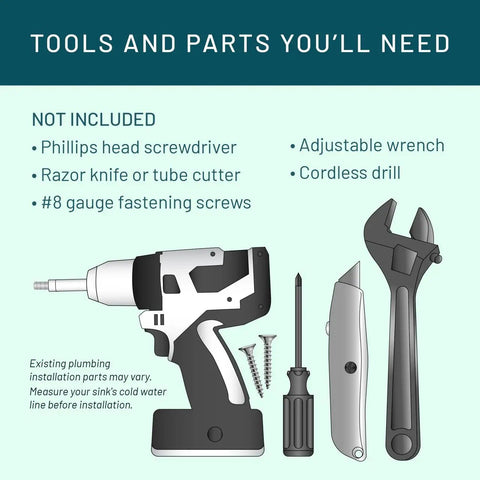 Tools needed for installing Under-Sink Water Filtration System That Slashes Chlorine, Bad Taste, Odor, Lead, and more in white finish.