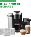 Six Pack Charcoal Water Filters For Keurig Brewers with a Keurig machine brewing coffee, surrounded by mugs and filters.