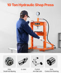10 Ton H-Frame Hydraulic Shop Press With Plate And Base in use for auto parts like bearings, bushing, and joints.