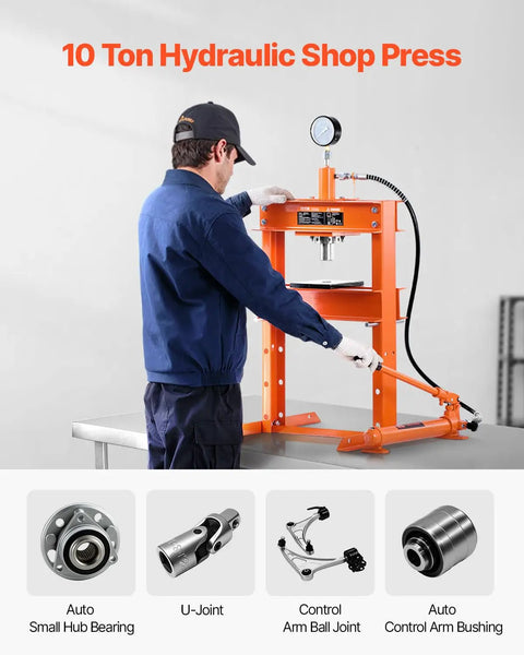 10 Ton H-Frame Hydraulic Shop Press With Plate And Base in use for auto parts like bearings, bushing, and joints.