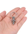 Two Pack Built Tough Stainless Steel Spring Plungers With Pull Ring M8X1.25 Thread held in hand, showcasing smooth action and flat head.
