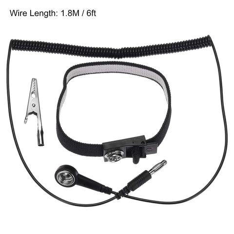 3 Pack ESD Anti Static Wrist Straps Adjustable Antistatic Bracelet Set With Wires And Alligator Clips For DIY Computer And Electronics Repair Two Blue One Black. Black wrist strap and 6ft wire with alligator clip.