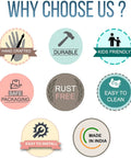 Image showcasing benefits: hand crafted, durable, kids friendly, rust free, easy to install, made in India.