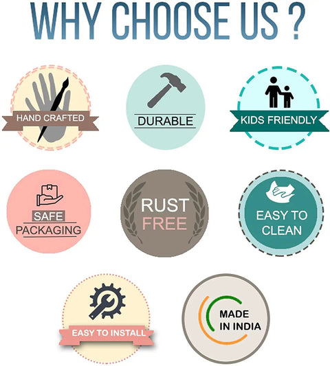 Image showcasing benefits: hand crafted, durable, kids friendly, rust free, easy to install, made in India.
