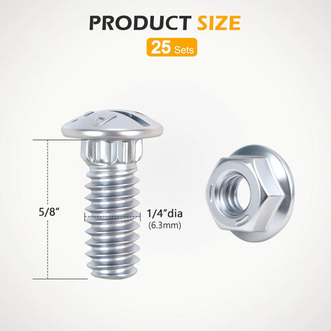 Solid Fit Garage Door Track Bolts And Flange Nuts 1/4 X 5/8 Inches Flat Head Carriage Bolts Zinc Coated Heat Treated Steel close-up of bolts and nuts