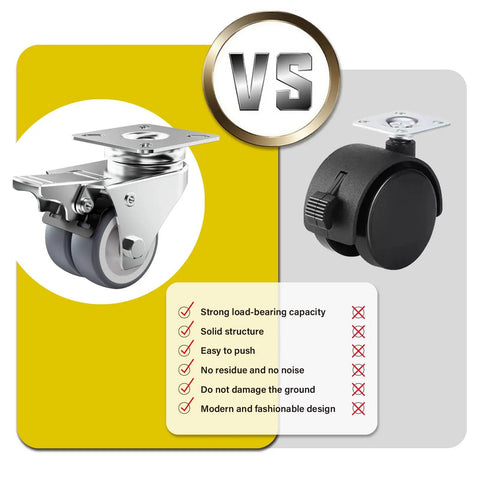 Comparison of Heavy Duty 2 Inch Double Wheel Casters With Roller Brake and standard caster wheels, showing features and benefits.