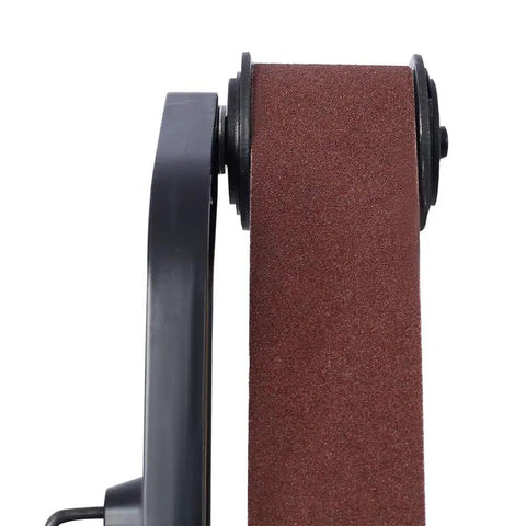 Close-up of the sanding belt on a Powerful 1300W Pipe Belt Sander With Variable Speed Control for polishing metal rust.