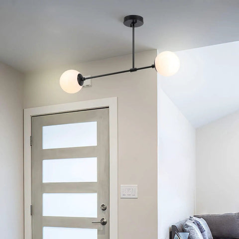 Two Light Globe Semi Flush Ceiling Light In Matte Black With White Glass Shades Dope Modern Close To Ceiling Fixture