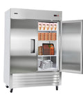 Heavy Duty Stainless Steel Upright Freezer 54 Inches Wide 44 Cubic Feet with ice cream, meats, and prepped meals inside.