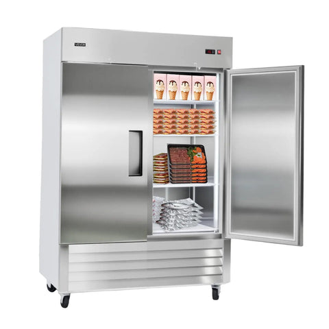 Heavy Duty Stainless Steel Upright Freezer 54 Inches Wide 44 Cubic Feet with ice cream, meats, and prepped meals inside.