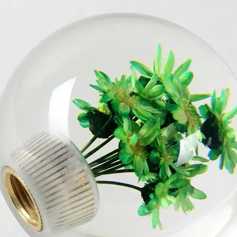 Cool 54mm Crystal Flower Shift Knob Real Flower Resin Ball for Manual and Automatic Transmissions Universal Fit Gated Style Only Fits 5 and 6 Speed Shifters Includes 3 Adapters for Most Cars Trucks Green, close-up of green flower inside clear ball