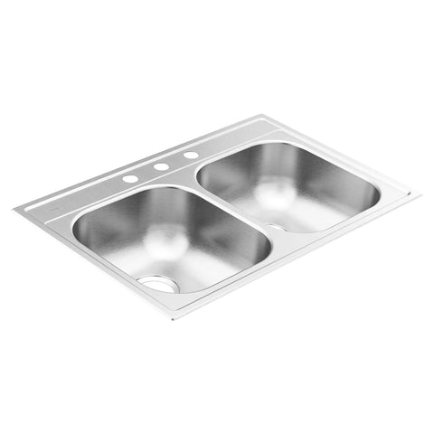 2000 Series 33 Inch 20 Gauge Drop In Double Bowl Stainless Steel Kitchen Sink With Quick Mount And Three Holes For Easy Installation